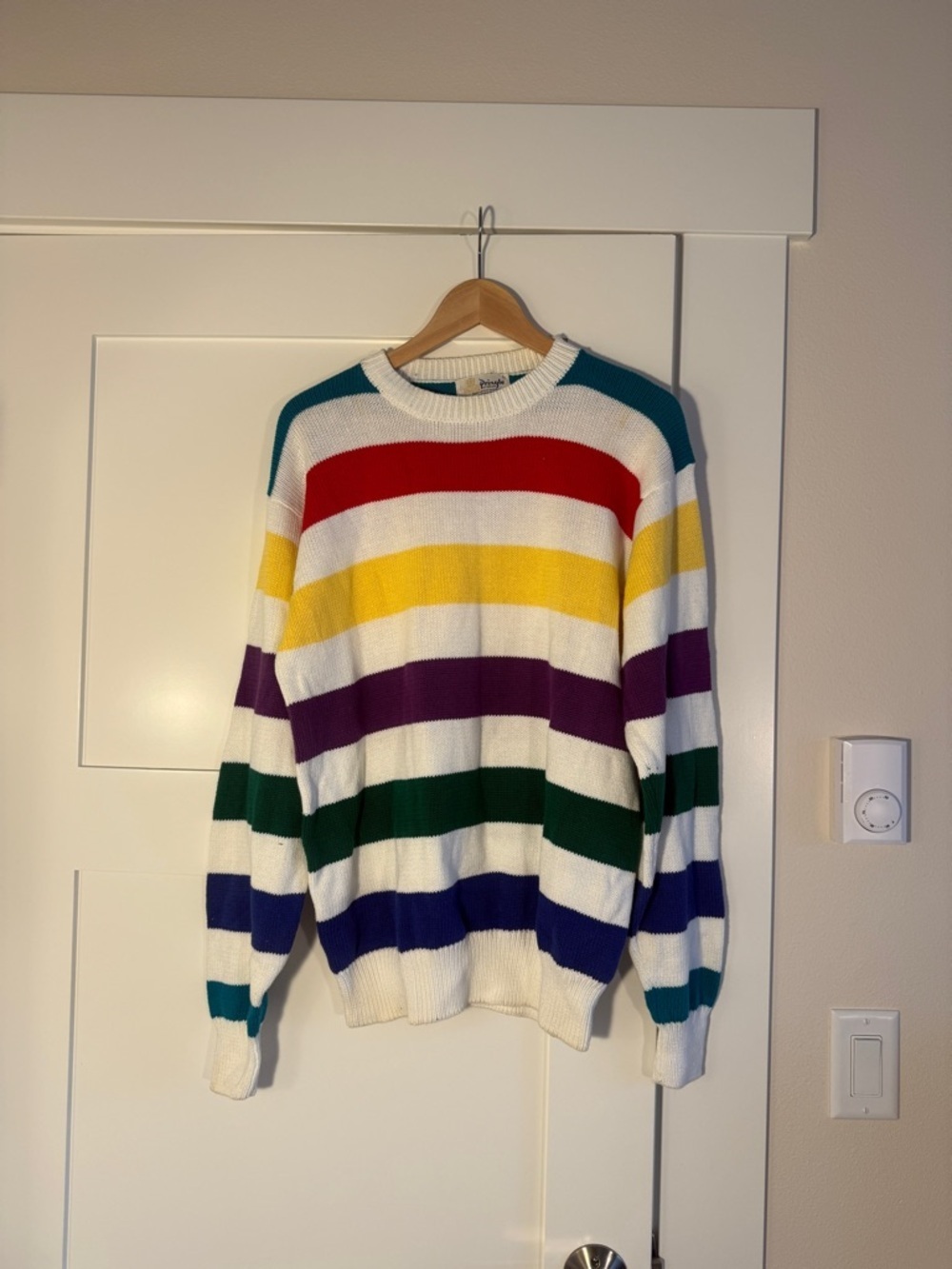 Pringle White Crewneck Sweater with Red, Yellow, Purple & Green Stripes